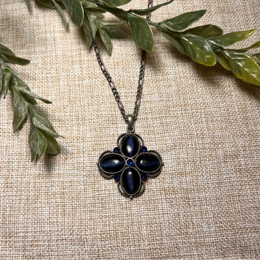 Blue Sapphire Victorian Medieval-Style Gothic Diamond Gemstone Necklace